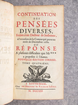 PENSEES DIVERSES, ECRITES A UN DOCTEUR DE SORBONNE, A L’OCCASION DE LA COMETE QUI PARUT AU MOIS DE DECEMBRE 1680. NOUVELLE EDITION CORRIGEE. . BAYLE ...