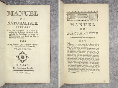MANUEL DU NATURALISTE. OUVRAGE UTILE AUX VOYAGEURS & A CEUX QUI VISITENT LES CABINETS D’HISTOIRE NATURELLE & DE CURIOSITES, EN FORME DE DICTIONNAIRE, POUR SERVIR DE SUITE A L’HISTOIRE NATURELLE.
