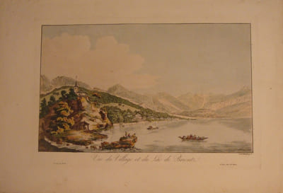 VUE DU VILLAGE ET DU LAC DE BRIENTZ. DESSINE PAR ABERLI. C. F. X. WEXELBERG SC.