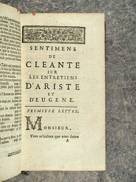 SENTIMENS DE CLEANTE SUR LES ENTRETIENS D’ARISTE ET D’EUGENE. PAR M. BARBIER D’AUCOUR, DE L’ACADEMIE FRANCOISE. QUATRIEME EDITION REVUE ET CORRIGEE, ...