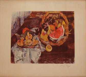 NATURE MORTE AUX CHAMPIGNONS ET A LA CORBEILLE DE FRUITS.