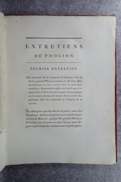 ENTRETIENS DE PHOCION SUR LE RAPPORT DE LA MORALE AVEC LA POLITIQUE; TRADUITS DU GREC DE NICOCLES, PAR MABLY. EDITION A LAQUELLE ON A JOINT LA VIE DE ...