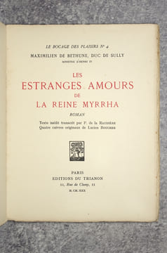 LES ESTRANGES AMOURS DE LA REINE MYRRHA. ROMAN. TEXTE INÉDIT TRANSCRIT PAR P. DE LA RAUDIÈRE. QUATRE CUIVRES ORIGINAUX DE LUCIEN BOUCHER. (DE LA ...