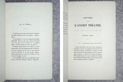 LES SOUVENIRS ET LES REGRETS DU VIEIL AMATEUR DRAMATIQUE. OU LETTRES D'UN ONCLE A SON NEUVEU SUR L'ANCIEN THÉÂTRE FRANÇAIS, DEPUIS BELLECOUR, LEKAIN, BRIZARD, PRÉVILLE, ARMAND, AUGER, FEULIE, PAULIN, BELMONT, GRANDVAL ; MESDAMES DUMESNIL, CLAIRON, LES DEUX SAINVAL, PRÉVILLE, HUS, DOLIGNY, BELLECOUR, FANNIER, JUSQU'À MOLÉ, LARIVE, MONVEL, VANHOVE, FLEURY, DÉSESSART, DAZINCOUR, DUGAZON; MESDAMES RAUCOURT, VESTRIS, CONTAT, OLLIVIER. OUVRAGE ORNÉ DE GRAVURES COLORIÉES, REPRÉSENTANT EN PIED, D'APRÈS LES MINIATURES ORIGINALES, FAITES D'APRÈS NATURE, DE FOËCH DE BASLE ET DE WHIRSKER, CES DIFFÉRENS ACTEURS DANS LES RÔLES OÙ ILS ONT EXCELLÉ. 