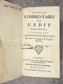 NOUVEAU COMMENTAIRE SUR L'EDIT DU MOIS D'AVRIL 1695, CONCERNANT LA JURIDICTION ECCLESIASTIQUE. PAR M * * * CONSEILLER AU PRESIDIAL D'ORLEANS. NOUVELLE ...