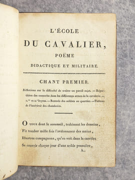 L'ECOLE DU CAVALIER, POEME DIDACTIQUE ET MILITAIRE EN TROIS CHANTS. PAR LE CHEF D'ESCADRON MILLET, CHEVALIER DE SAINT-LOUIS, OFFICIER DE LA LEGION ...