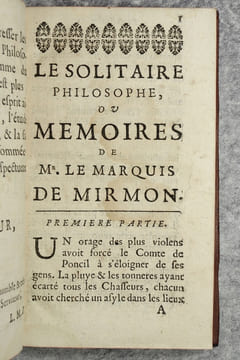 LE SOLITAIRE PHILOSOPHE, OU MEMOIRES DE MR LE MARQUIS DE MIRMON. PAR MR. L. M. D. . ARGENS. (JEAN-BAPTISTE DE BOYER, MARQUIS D'. 1704-1771).