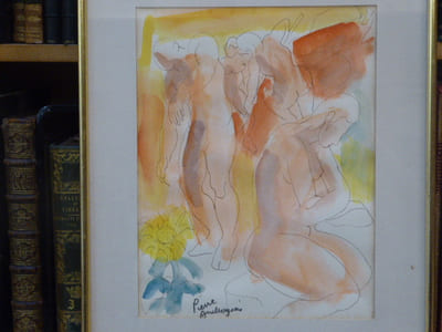 Dessin original à l'encre de chine rehaussé à l'aquarelle: "Personnages nus".