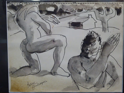 Dessin original à l'encre de chine rehaussé au lavis: "Couple nu".