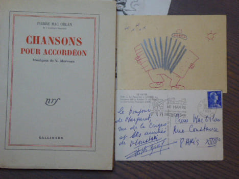 Chansons pour accordéon. Musiques de V. MARCEAU. + Carte AUTOGRAPHE signée d'Edith PIAF.. MAC ORLAN Pierre - PIAF Edith