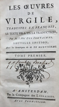Les oeuvres de virgile tome 1 uniquement 
Les oeuvres de Virgile, traduites en françois, le texte vis-a-vis la traduction, Par M. L'Abbé des Fontaines, nouvelle édition Avec les remarques de M. de Martignac