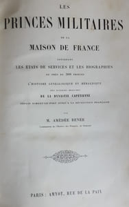 Les Princes militaires de la Maison de France, contenant les états de service et les biographies de près de 300 princes, l'histoire généalogique et héraldique des diverses branches de la dynastie capétienne depuis Robert-Le-Fort jusqu'à la Révolution française.
RENÉE Amédée
Edité par Paris : Amyot s.d.