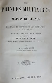 Les Princes militaires de la Maison de France, contenant les états de service et les biographies de près de 300 princes, l'histoire généalogique et héraldique des diverses branches de la dynastie capétienne depuis Robert-Le-Fort jusqu'à la Révolution française.
RENÉE Amédée
Edité par Paris : Amyot s.d.