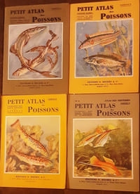 PETIT ATLAS DES POISSONS les 4 FASCICULES: I ET II: POISSONS MARINS , III: POISSONS DES EAUX DOUCES ESPÈCES FRANÇAISES et IV: POISSONS DES EAUX DOUCES ESPÈCES EXOTIQUES & D'ORNEMENT AQUARIOPHILIE.