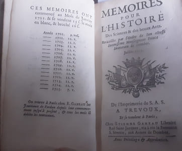 Memoires pour l'Histoire des Sciences et des Beaux Arts, recueillis par l'ordre de Son Altesse Serenissime Monseigneur Prince Souverain de Dombes. Juillet-Aout-Septembre 1715.
