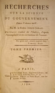 Recherches sur la Science du Gouvernement. Ouvrage traduit de l'Italien, d'après l'exemplaire et les corrections de l'auteur.
GORANI, Joseph