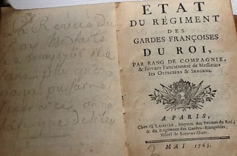 ETAT du régiment des Gardes Françaises du Roi par rang de compagnie et suivant l'ancienneté de Messieurs les officiers et sergents mai 1765. undefined
