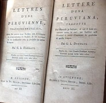 Lettres d'une péruvienne lettere d'una peruviana
traduites en italien . Deodati G.L