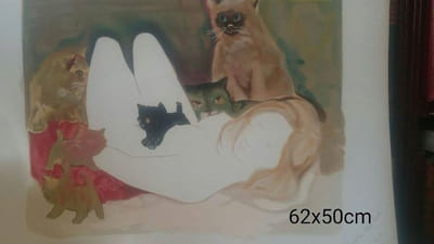 "Nu aux chats" lithographie originale réalisée dans les ateliers karcher signée Corelle en bas droite, épreuve d'artiste, 62/50 cm
