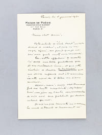 Lettre autographe signée datée du 6 janvier 1951, évoquant La Maison de Poésie - Fondation Emile Blémont  [adressée à l'écrivain et érudit bordelais Armand Got] : " Mais ce qui me paraît plus grave, c'est le fait qu'à cette heure, des huit exécuteurs désignés par Emile Blémont sur son testament, je demeure le seul !...  L'unique survivant, quoi !... Et voilà qui doit me donner à réfléchir ! "