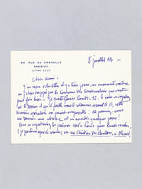 Lettre autographe signée datée du 8 juillet 1954 [ adressée à l'écrivain et érudit bordelais Armand Got ] : "Pour l'Arc en Fleurs, je doute que nous trouvions quelque chose de valable sur le Monument aux Morts. Ce n'est même pas souhaitable, à mon avis, car la glorification des morts de la guerre perpétue la glorification de la guerre. Sur la montagne, la mer, le torrent, l'orage, on peut trouver. ..."