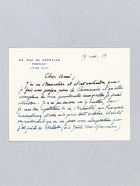 Lettre autographe signée datée du 19 novembre 1954 [ adressée à l'écrivain et érudit bordelais Armand Got ] : "Je n'ai pas encore pu m'y mettre, car je sors des répétitions de "La Brouille", au Français-Luxembourg et cela m'a pris tout octobre. Et voilà maintenant qu'on va jouer une adaptation que j'ai faite de Milot (à la Gaîté Montparnasse), et que je suis de nouveau en répétitions."