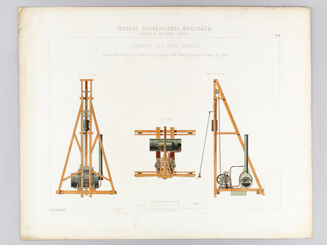 Travaux Hydrauliques Maritimes. Construction du Bassin Napoléon à Marseille. Chromolithographie : Planche XVII : Exploitation des Blocs Naturels. ...