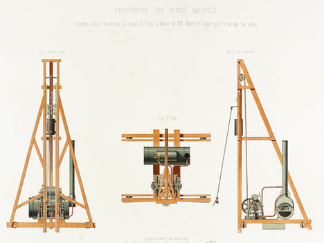 Travaux Hydrauliques Maritimes. Construction du Bassin Napoléon à Marseille. Chromolithographie : Planche XVII : Exploitation des Blocs Naturels. ...