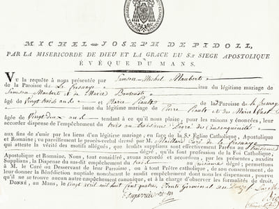 Dispense d'empêchement à mariage du trois au troisième degré de consanguinité accordée à deux paroissiens de La Fresnaye le 20 avril 1804