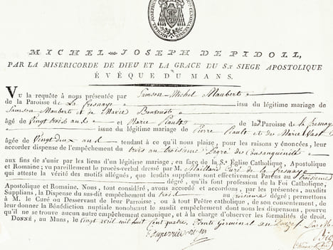 Dispense d'empêchement à mariage du trois au troisième degré de consanguinité accordée à deux paroissiens de La Fresnaye le 20 avril 1804. DE PIDOLL ...