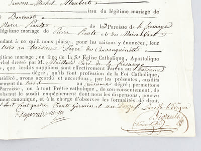 Dispense d'empêchement à mariage du trois au troisième degré de consanguinité accordée à deux paroissiens de La Fresnaye le 20 avril 1804