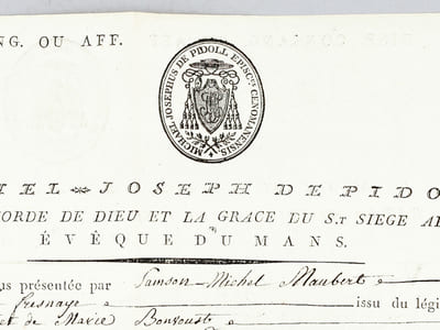 Dispense d'empêchement à mariage du trois au troisième degré de consanguinité accordée à deux paroissiens de La Fresnaye le 20 avril 1804