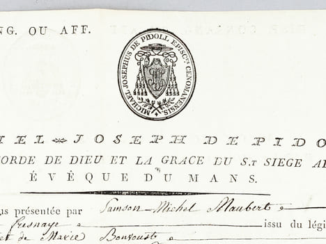 Dispense d'empêchement à mariage du trois au troisième degré de consanguinité accordée à deux paroissiens de La Fresnaye le 20 avril 1804. DE PIDOLL ...