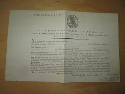 Dispense d'empêchement à mariage du trois au troisième degré de consanguinité accordée à deux paroissiens de Roullé le 30 mars 1804