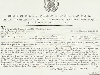 Dispense d'empêchement à mariage du trois au troisième degré de consanguinité accordée à deux paroissiens de Roullé le 30 mars 1804