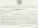Dispense d'empêchement à mariage du trois au troisième degré de consanguinité accordée à deux paroissiens de Roullé le 30 mars 1804. DE PIDOLL Evêque ...