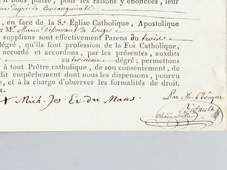 Dispense d'empêchement à mariage du trois au troisième degré de consanguinité accordée à deux paroissiens de Roullé le 30 mars 1804. DE PIDOLL Evêque ...