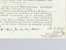 Dispense d'empêchement à mariage du trois au troisième degré de consanguinité accordée à deux paroissiens de Roullé le 30 mars 1804. DE PIDOLL Evêque ...