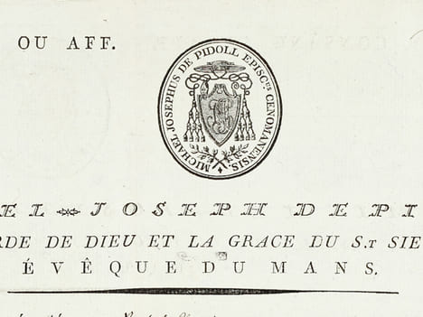 Dispense d'empêchement à mariage du trois au troisième degré de consanguinité accordée à deux paroissiens de Roullé le 30 mars 1804. DE PIDOLL Evêque ...