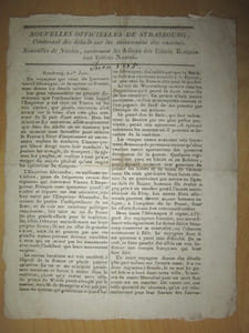 Nouvelles Officielles de Strasbourg, contenant des détails sur les mouvemens des ennemis. Nouvelles de Nantes, contenant les Adieux des fédérés Rennais aux fédérés Nantais. [ 1er et 2 juin 1815 ]