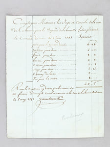 Compte pour Messieurs les Juges et Consuls de la Cour de la Bourse pour les Dépenses de la buvette faites pendant le courant du mois de Juin 1791 Sçavoir : pain pour le courant du mois, tortillons, fruits, beurre, citrons, sirops, charroy de l'eau, vin pour la messe, Reçu le contenu cy-dessus par les mains de M. François Domenget conseil en exercice de la Cour de la Bourse Bordeaux le 5 may 1792 [ Comptes de la buvette du Tribunal de Commerce de Bordeaux aux débuts de la Révolution Française ]
