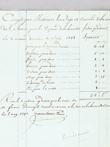 Compte pour Messieurs les Juges et Consuls de la Cour de la Bourse pour les Dépenses de la buvette faites pendant le courant du mois de Juin 1791 Sçavoir : pain pour le courant du mois, tortillons, fruits, beurre, citrons, sirops, charroy de l'eau, vin pour la messe, Reçu le contenu cy-dessus par les mains de M. François Domenget conseil en exercice de la Cour de la Bourse Bordeaux le 5 may 1792 [ Comptes de la buvette du Tribunal de Commerce de Bordeaux aux débuts de la Révolution Française ]