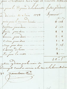 Compte pour Messieurs les Juges et Consuls de la Cour de la Bourse pour les Dépenses de la buvette faites pendant le courant du mois de Juin 1791 Sçavoir : pain pour le courant du mois, tortillons, fruits, beurre, citrons, sirops, charroy de l'eau, vin pour la messe, Reçu le contenu cy-dessus par les mains de M. François Domenget conseil en exercice de la Cour de la Bourse Bordeaux le 5 may 1792 [ Comptes de la buvette du Tribunal de Commerce de Bordeaux aux débuts de la Révolution Française ]