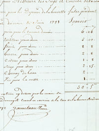 Compte pour Messieurs les Juges et Consuls de la Cour de la Bourse pour les Dépenses de la buvette faites pendant le courant du mois de Juin 1791 Sçavoir : pain pour le courant du mois, tortillons, fruits, beurre, citrons, sirops, charroy de l'eau, vin pour la messe, Reçu le contenu cy-dessus par les mains de M. François Domenget conseil en exercice de la Cour de la Bourse Bordeaux le 5 may 1792 [ Comptes de la buvette du Tribunal de Commerce de Bordeaux aux débuts de la Révolution Française ]
