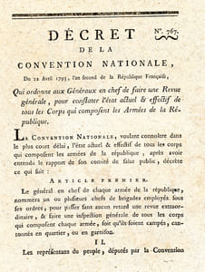 Décret de la Convention Nationale du 22 avril 1793, l'an second de la République Française, Qui ordonne aux Généraux en chef de faire une Revue générale, pour constater l'état actuel & effectif de tous les Corps qui composent les Armées de la République.