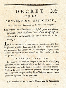 Décret de la Convention Nationale du 22 avril 1793, l'an second de la République Française, Qui ordonne aux Généraux en chef de faire une Revue ...