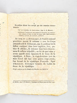 Décret de la Convention Nationale du 22 avril 1793, l'an second de la République Française, Qui ordonne aux Généraux en chef de faire une Revue ...