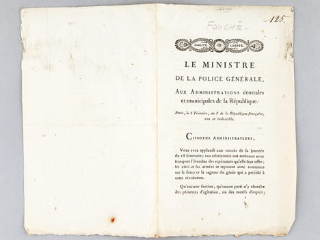 Le Ministre de la Police Générale, aux Administrations Centrales et municipales de la République. Paris, le 6 Frimaire, an 8 de la République ...
