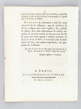 Loi donnée à Paris le 13 août 1792, l'an 4e de la Liberté. Décret de l'Assemblée Nationale du 30 juillet 1792 : Jurandes et Maîtrises : "Sur la ...