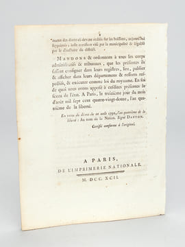 Loi donnée à Paris le 13 août 1792, l'an 4e de la Liberté. Décret de l'Assemblée Nationale du 30 juillet 1792 : Jurandes et Maîtrises : "Sur la ...
